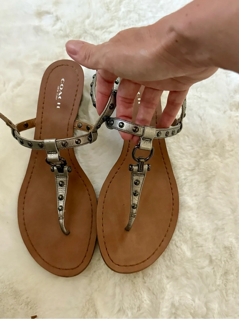 Coach Metallic Silver Studded T-Strap Sandals